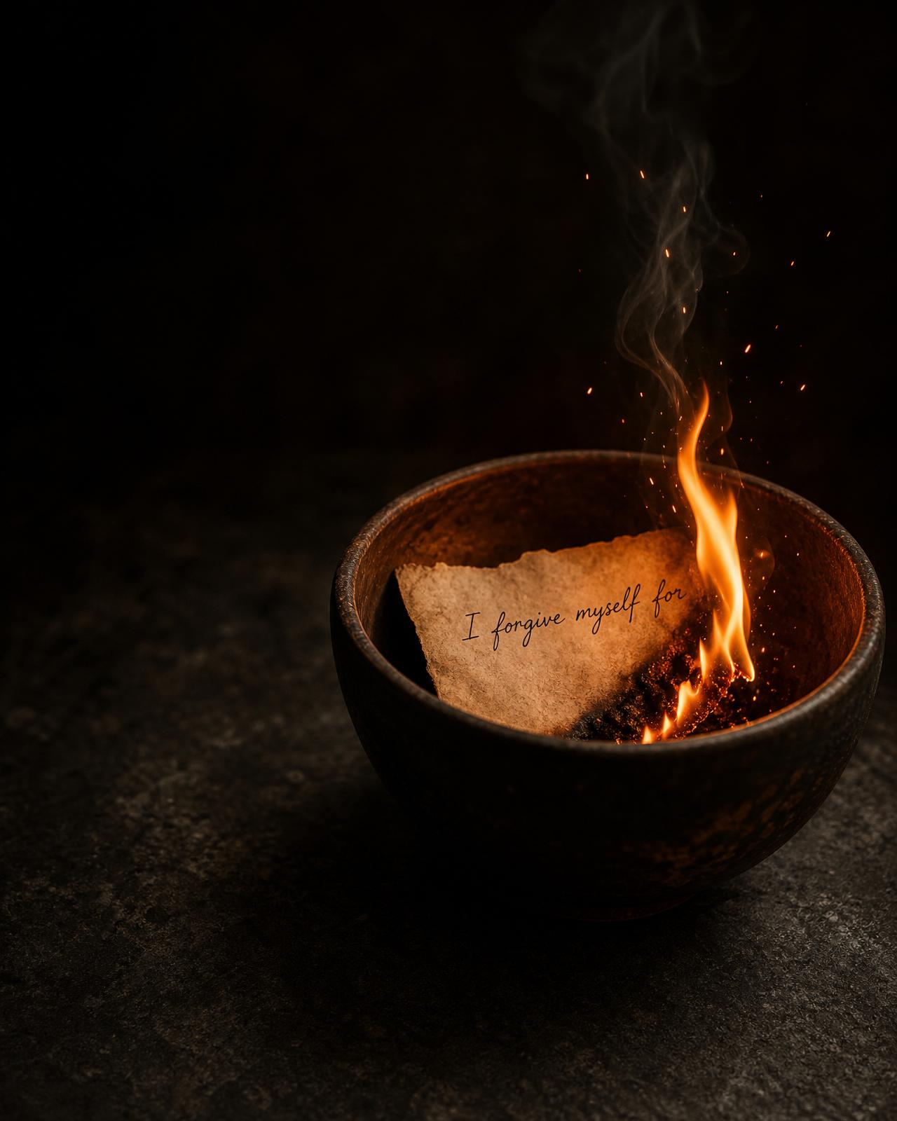 A dark ceramic bowl holding a burning piece of paper that reads 'I forgive myself for'